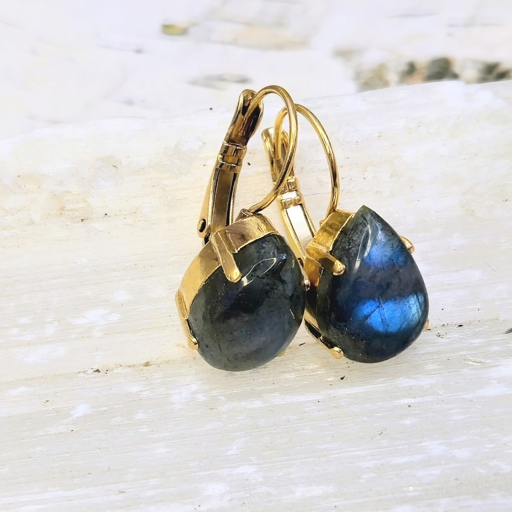 Classic Natural Labradorite In Gold Plated Drop Earrings All Natural Minimalist